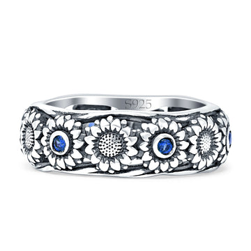 Sunflower Oxidized Statement Wedding Band Blue Sapphire CZ 925 Sterling Silver Wholesale